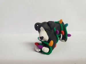PITBULL Christmas Ornament TANGLED IN LIGHTS Polymer Clay HAND MADE OOAK blk/wht - Picture 1 of 5