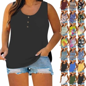 Womens Plus Size Tank Tops Summer Sleeveless Henley Shirts Casual Tee Blouses - Picture 1 of 79