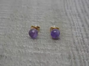 Stunning 9ct Yellow Gold Round Cabochon Cut 6mm Amethyst Stud Earrings - Picture 1 of 3