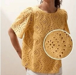 Banana Republic Yellow Eyelet Lace Open V Back Blouse L Smocking Peasant Prairie - Picture 1 of 10
