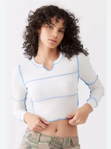 Urban Outfitters BDG Sabine Spliced blau elfenbeinfarben bauchfreies Oberteil Streetwear Größe S Small - Bild 1 von 4
