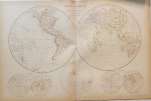 1882 Blackie große 2-seitige Karte Welt in Hemisphären farbig gedruckt - Bild 1 von 7