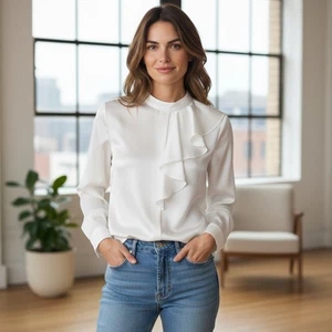 NWT Tahari ASL Womens Ruffle Long Sleeve Satin Shirt Top White Petite Large Work - Picture 1 of 15