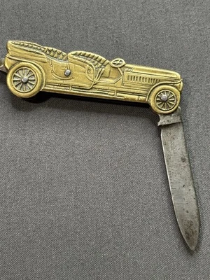 Старинный оригинальный туристический автомобильный нож ранней эпохи из латуни с орнаментом складной нож - Изображение 1 из 4