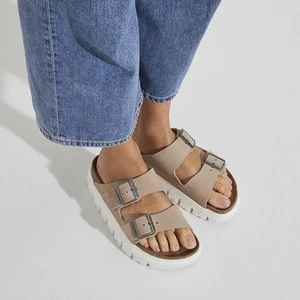 Birkenstock Arizona Chunky Birko-Flor Suede Platform Sandal Warm Sand Narrow Fit - Picture 1 of 11