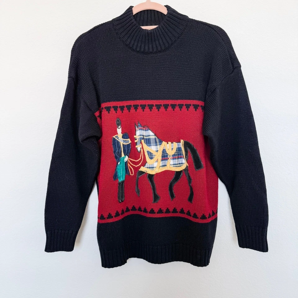 VTG Sweater Size M Black Red Equestrian Horseman Knit Novelty Holiday Old Money - Image 1 of 4