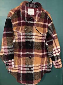 American Eagle Womens Medium Oversized Sherpa Plaid Shirt Jacket Shacket Maroon - Picture 1 of 12