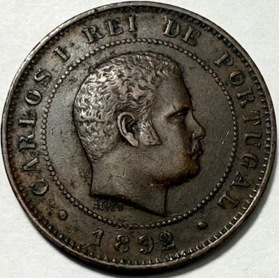 PORTUGAL - Carlos I - 10 Reis 1892 - Km-532 - About Uncirculated - FREE USA S&H! - Image 1 of 2