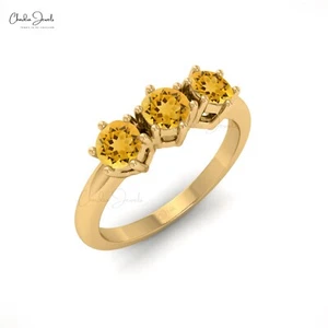 3/4 CTW Round Cut Natural Citrine Gemstone 14k Solid Gold Women Three Stone Ring - Picture 1 of 23