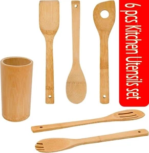 6pcs Bamboo Wooden Spoons & Spatulas Set Kitchen Cooking Utensils & Holder NEW - Picture 1 of 4