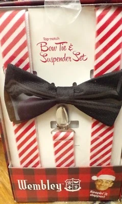 NOVO CONJUNTO DE GRAVATA BORBOLETA E SUSPENSÓRIO MASCULINO WEMBLEY Natal listrado vermelho e branco e preto - Imagem 1 de 3