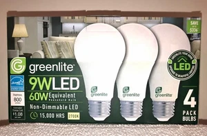 🎁 greenlite 60w Non-Dimmable 9W LED 4-LIGHT BULB PACK 2700K $1.08/YEAR A19 🎁 - Picture 1 of 5