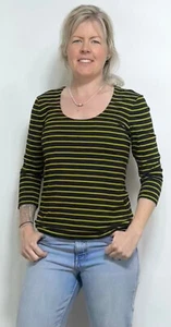 HOBBS 3/4Slv Daisy Jersey StripedScoop Neck SemiFit DarkNavy/Lime(A139)RRP£39 - Picture 1 of 8