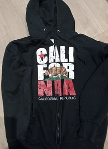Unisex California Republic Hoodie mit durchgehendem Reißverschluss klein schwarz Distress State Flag Motiv - Bild 1 von 13