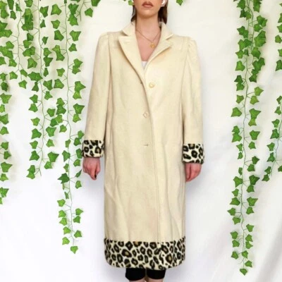 Abrigo largo de lana con ribete de leopardo vintage años 80 crema Hollywood Regency Foto 1 de 4