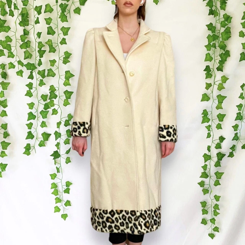 Abrigo largo de lana con ribete de leopardo vintage años 80 crema Hollywood Regency Foto 1 de 4