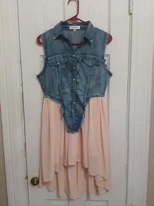 Umgee M Faded Denim & Pink Chiffon Sleeveless Country Western Cowgirl Dress E3 - Picture 1 of 5