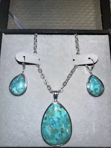 Sterling Silver Turquoise Jewelry Pendant Chain Necklace Earrings ATI 925 18 In - Picture 1 of 10