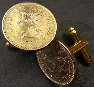 Vintage Finnischer Löwe mit Schwert Finnland goldfarbene Bronze Münze Manschettenknöpfe + Geschenkbox - Bild 1 von 2