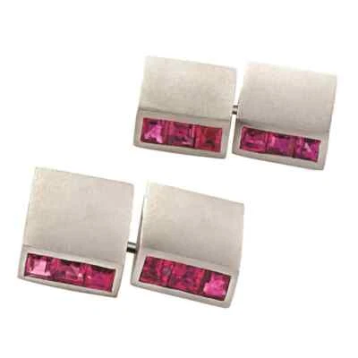Excellent 925 SS Men's Princess Cut Red Ruby 1.30 CT Amazing Art Deco Cuff Links - Image 1 of 4