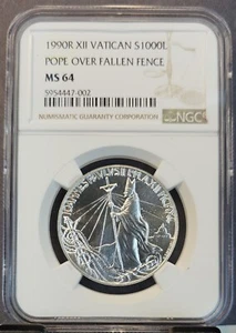 1990 VATICAN SILVER 1000 LIRE POPE OVER FALLEN FENCE NGC MS 64 BRIGHT BU - Picture 1 of 3