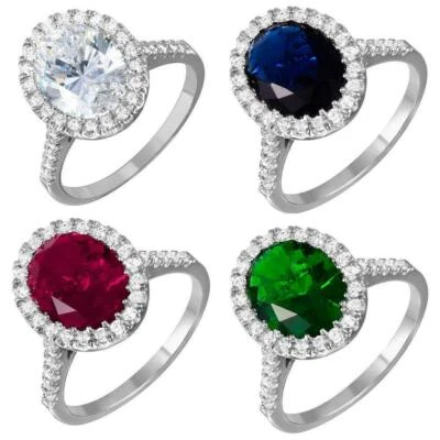 Anello Halo In Argento Sterling Per Donne Con Pietre CZ Colorate A Taglio Ovale - Immagine 1 di 4