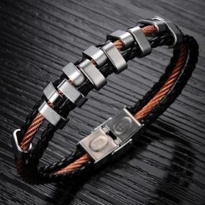 Herren Schwarz Gold PU Leder Edelstahl Armband 7,8 Zoll - Bild 1 von 3