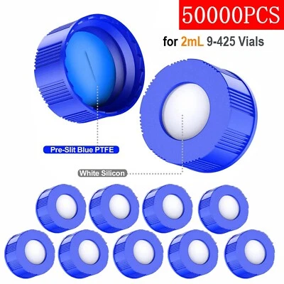 50000x 9-425 Sample Vial Screw Caps Blue PTFE & White Silicone Pre-Slit Septa US - Image 1 of 4