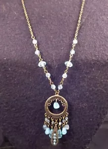 Claire's Signed Chunky Blue Rhinestone & Dangle Pieces Chain Necklace Dark Metal - Picture 1 of 8