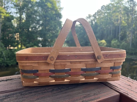 Longaberger Basket 1991 Red And Black  Weave Storage, Serving Handles 14” x 9” Cover