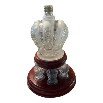 Vodka Bottle Decanter on Wood Display Stand 6 Glasses G - Image 1 of 3