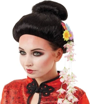 Women`s Black Geisha Wig  Flowers for Adult Japanese Oriental Costume Halloween - Image 1 of 2
