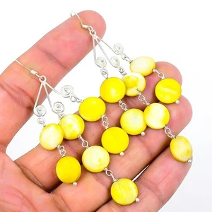 Yellow Pearl Stone Solid Sterling Silver Hook Wedding Dangle Drop Wife Earrings - Picture 1 of 7