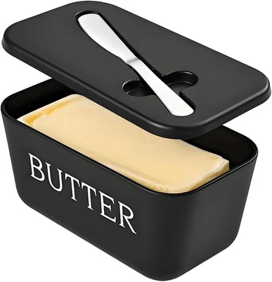 Large Plastic Butter Dish Keeper w/ Lid & Knife Food Grade PP Refrigerator Black - Image 1 of 4