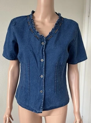 Blusa top para mujer Requirements mezcla de lino botones cuello en V talla mediana Foto 1 de 4