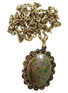 Vintage Oval Unakite Cab Antique Gold Color Pendant 23 Inch Chain EPPC8/112225 - Picture 1 of 2