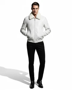 All Sizes Men's Genuine Python Skin Mink Fur Collar White Exotic Leather Jacket - Bild 1 von 8