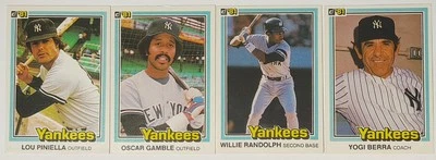 Lote de béisbol Donruss 1981 de los Yankees de Nueva York (4) - Piniella, Gamble, Yogi Berra Foto 1 de 2
