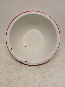Vintage Farmhouse White with Red Trim Enamelware Bowl 12 X 4.5 - Picture 1 of 7