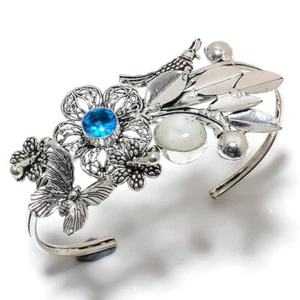 Rainbow Moonstone, Topaz Gemstone 925 Sterling Silver Cuff Bangle Adj. E479 - Picture 1 of 4