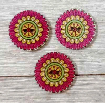 boho wood flower buttons sewing 2 holes 1 inch red yellow (set #1109) 3pc new - Image 1 of 2