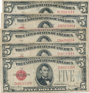 USA Lot of 5 Small United States Notes 5 Dollars 1928 - Circulated - Picture 1 of 11