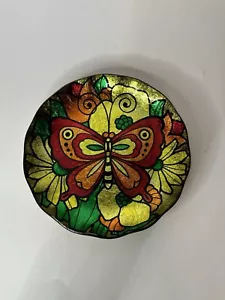 Vintage Foiled Butterfly Trinket Dish Bowl Japan Jewelry Tray 1970s Multicolor - Picture 1 of 11