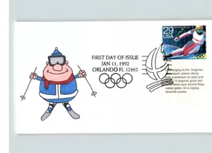 WINTER OLYMPIC Games, Hand painted Cartoon Skiier, 1992 # 1 of 1 made, FDC - Picture 1 of 1