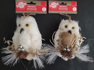 Christmas Ornaments White Owls on Branches w Loops 1/Pk Select: Gold or White - Picture 1 of 3