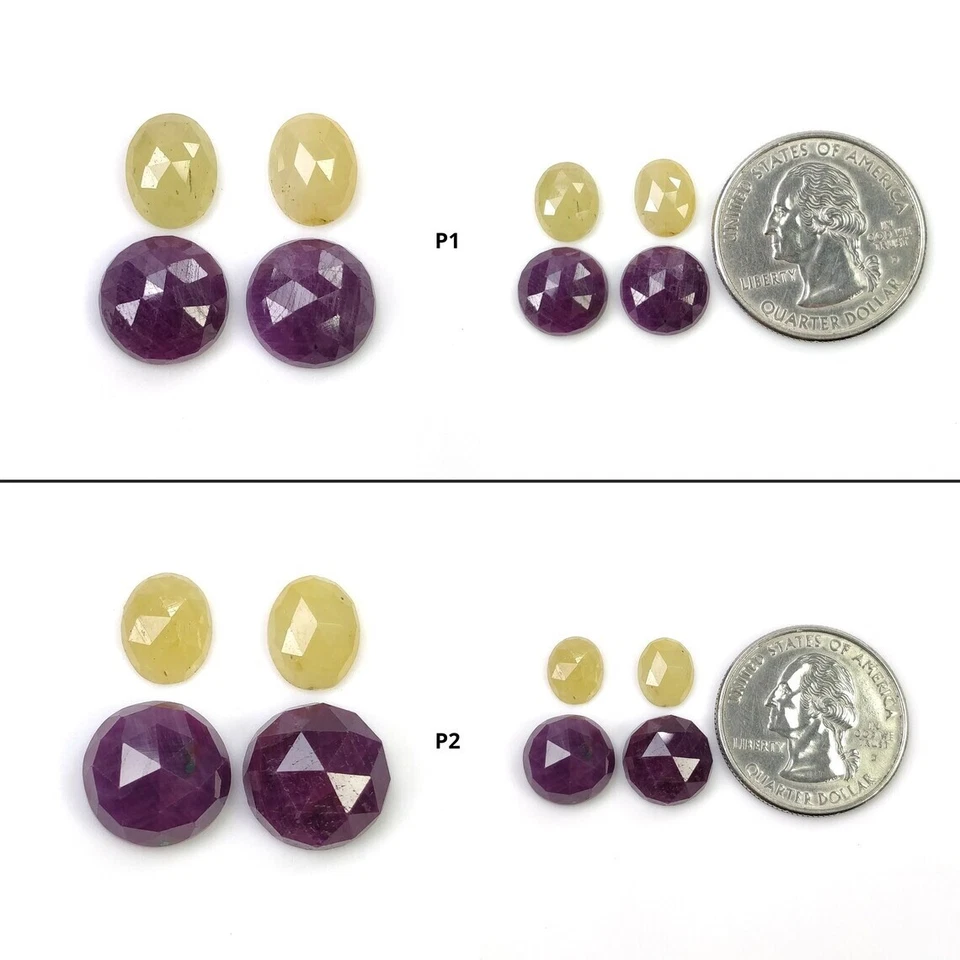 Rubí rojo sin calentar 100 % natural y zafiro amarillo corte rosa forma ovalada 4 piezas Foto 1 de 1