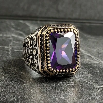 Anillo cuadrado de plata con piedras preciosas de amatista púrpura para hombre, anillo de piedra elegante violeta para hombre Foto 1 de 4