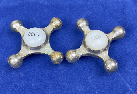Pair C.1930 FAUCET Handles, Hot & Cold Porcelain Caps, Nickel Plated Brass Cover