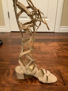 Stuart Weitzman Tan Suede Strappy Gladiator Block Heel Sandals, Size 8 (US) - Picture 1 of 7