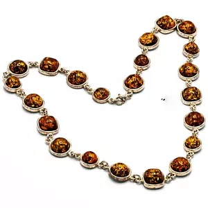 925 Solid Pure Sterling Silver Green Baltic Amber Beautiful Round Necklace 16 in - Picture 1 of 3